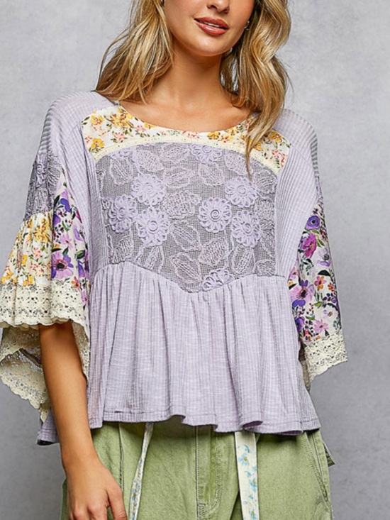 POL Tops - POL Lavender Lace Patchwork Peasant Top